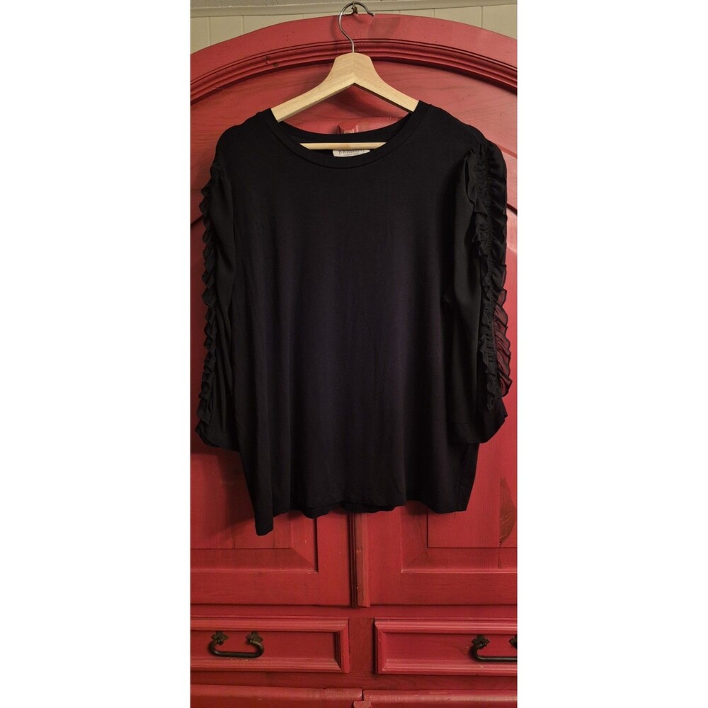 Philosophy Republic Clothing 1X Blouse Womens Black Ruffle 3/4 Puff Sleeve Top